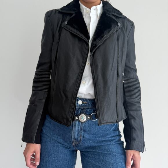 BCBG Maxazria Leather Bomber Jacket Womens Medium Black Moto NO ZIPPER Faux Fur - Picture 2 of 13